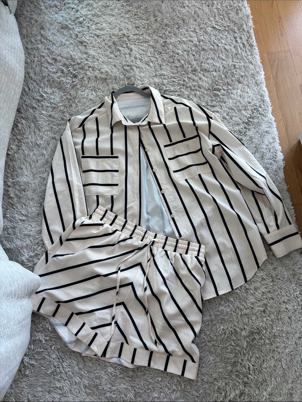 Amazon Cream and Black Striped Two-Piece Shirt and Shorts Set